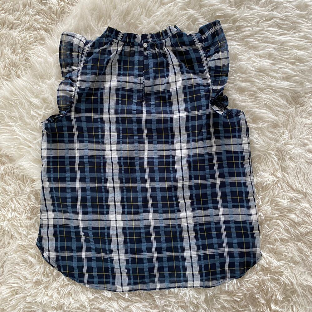 LOFT Blue Plaid Ruffle Sleeve Shell, size M - Picture 2 of 8